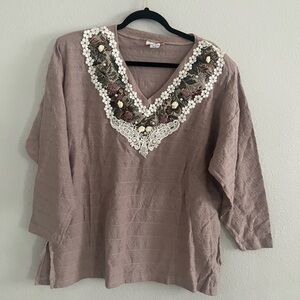 Vintage Basil Woman Long Sleeve Floral Embroidered 100% Cotton Sweater, Size XL